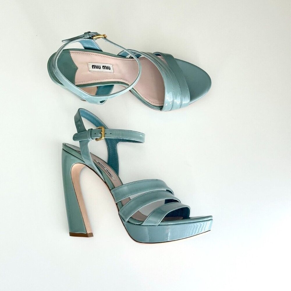NEW MIU MIU Seafoam Blue Patent Leather Ankle Strap Platform Sandals Size 8.5